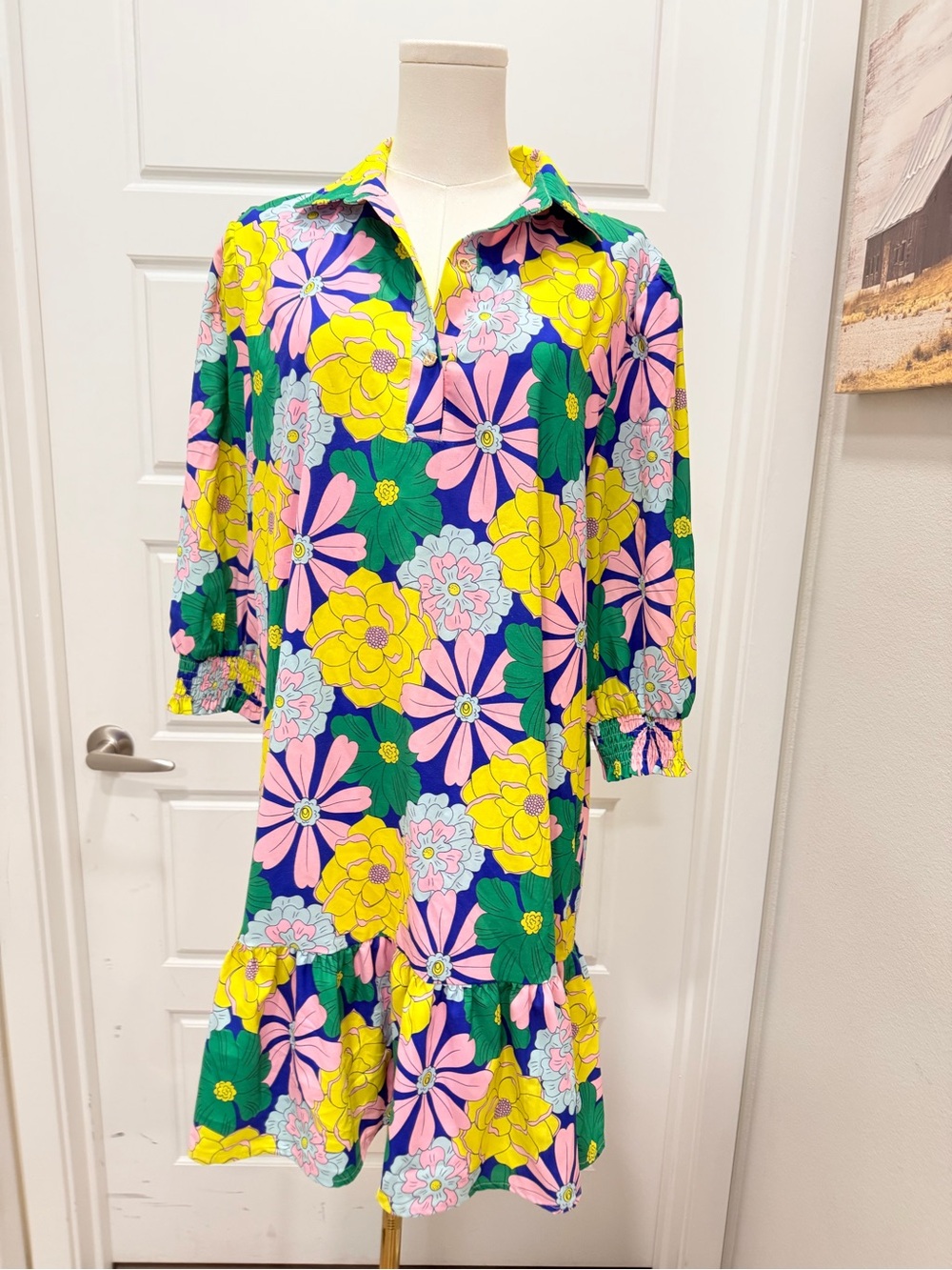 Floral Collared Mini Dress in Yellow & Green - Picture 2 of 7